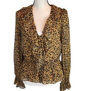 WAYF Animal Print Ruffle Trim V-Neck Peplum Hem Blouse, Medium NEW Without Tag